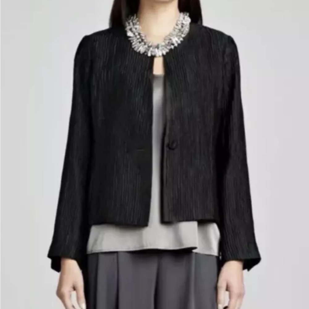 Eileen Fisher Crinkle Silk Collarless Jacket-Black-Leather Trim Pockets-Small
